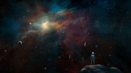 Space background. Sci-fi astronaut standing on asteroid with colorful nebula and planet.の写真素材