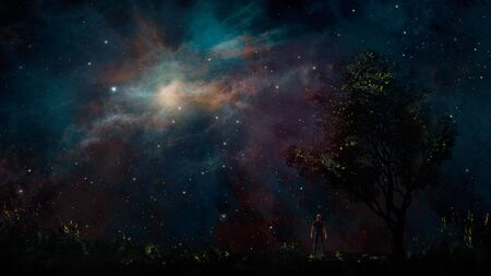 Space scene. Man standing on land with tree and colorful nebula.