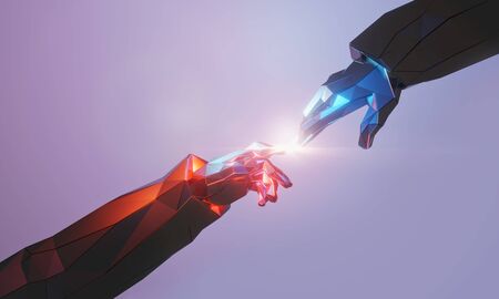 Two robot hand touch together with flare. Future, technology concept. 3D illustration