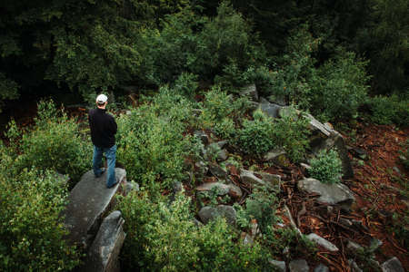 Aerial view to young man standing on stone in forest. Natural reserve maple highlands, dark mood...