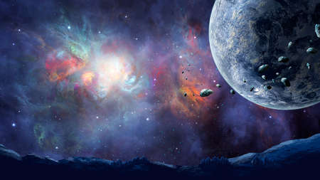 Space background. Planet with asteroid and mountain land silhouette in colorful nebula.