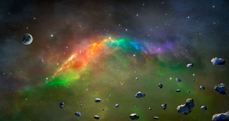 Space background. Colorful rainbow nebula with planet and asteroid.