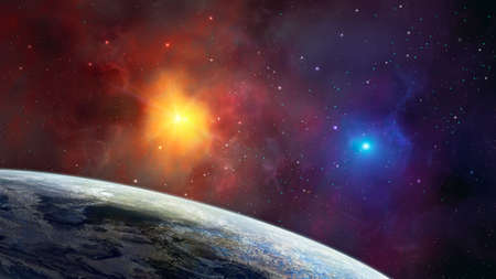 Space background. Colorful nebula with planet.