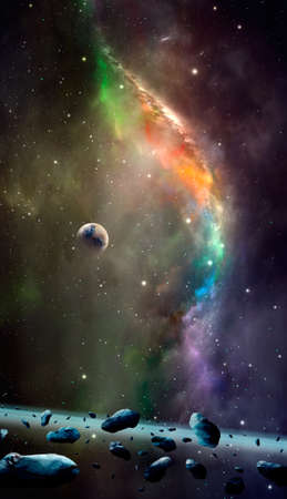 Space background. Earth planet in colorful nebula with asteroid belt.