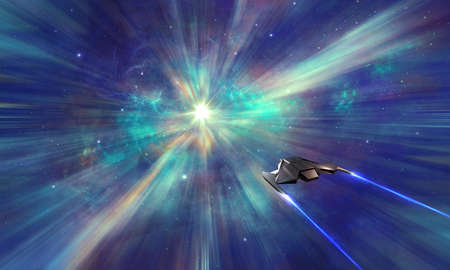 Space background. Spaceship fly through hyperspace in colorful nebula and star field.