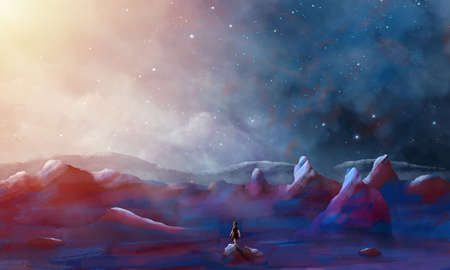 Cute small girl in red dress standing on stone in modern violet mountain landscape with starry sky....
