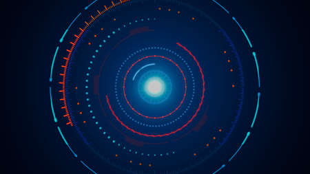 Circle HUD colorful outline elements on blue gradient background. 3D rendering