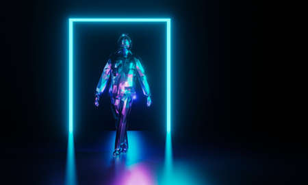 Low poly neon color robor walking, standing on reflection floor with shining rectangle. Artificial intelligence, future, technology background. 3D renderingの写真素材