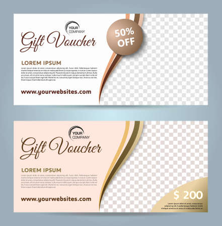 Set of two vector luxury modern gift voucher card template with wave in gold colorのイラスト素材