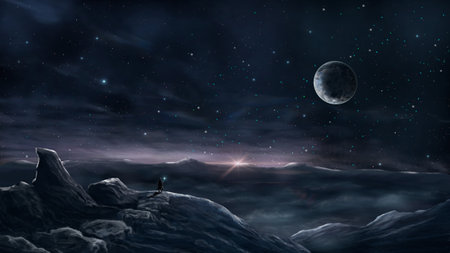 Man, magician standing in sci-fi magical landscape with rock valey, stars, planet and sun. Digital...