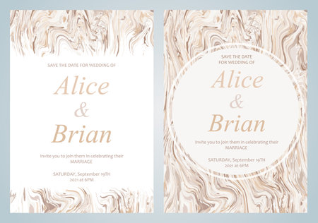 Set of two vector luxury wedding template in gold color with marble textureのイラスト素材