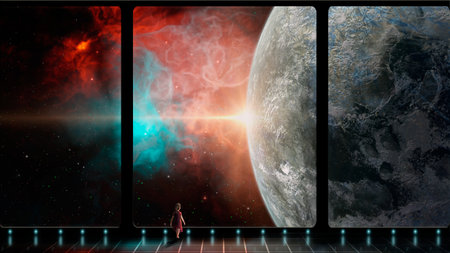 Space background. Cute small girl in red dress walking in spaceship, 3D room with colorful nebula planet.の写真素材