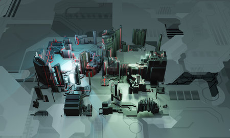 Industry 4.0. Abstract colorful machine, building isometric block in blue and red color on textured...