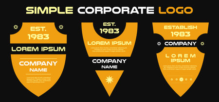 Set retro corporate simple vector logo template, traingle shield shape in gold color on black backgroundのイラスト素材