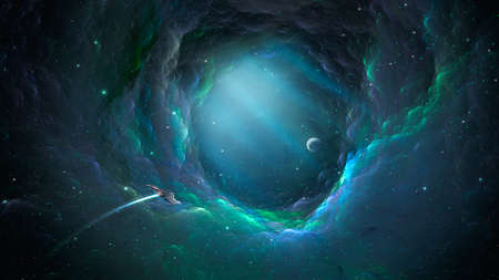 Space background. Spaceship fly through colorful nebula fractal tunnel to planet.  3D rendering