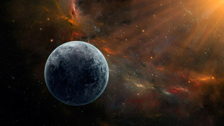 Space background. Colorful fractal nebula with planet.  3D rendering