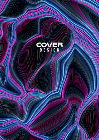 Marble, ink wave cover design, flyer vector template in blue and violet color on black backgroundのイラスト素材