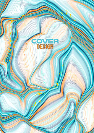 Marble, ink wave cover design, flyer vector template in blue and orange color on white backgroundのイラスト素材