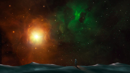Space background. Astronaut standing on mountain land in colorful nebula. Digital painting, 3D...