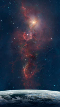 Space background. Colorful nebula with planet and star field.の写真素材