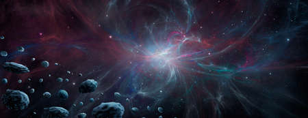 Space panoramic background. Colorful fractal nebula with asteroids and star field. Digital...