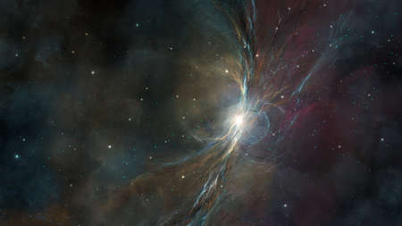 Space background. Colorful fractal nebula in orange and blue color with star field and sun. Digital...