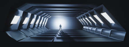 Man silhouette from back standing in metal shine sci-fi, futuristic corridor tunnel with blue light. 3D illustrationの写真素材