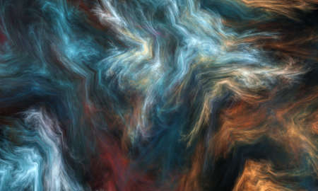 Marble, paint, liquid abstract colorful fractal in blue and orange color on black. Texture backgroundの写真素材