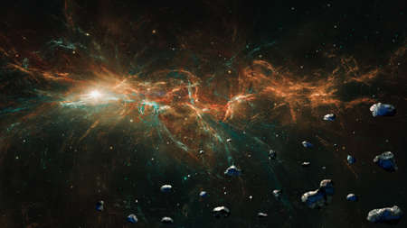 Space background. Asteroid fly in colorful fractal nebula with star field. 3D rendering