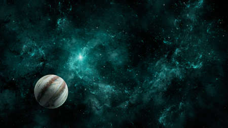 Space background. Jupiter planet fly in colorful fractal green nebula.
