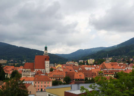 Prachatice rooftop from Zizka rock. Czech old famous city at moody weather