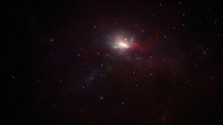 Space background. Colorful fractal red nebula with star field. 3D rendering