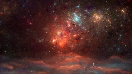 Space background. Astronaut standing on fog, clouds surface with colorful fractal nebula. Fantasy...