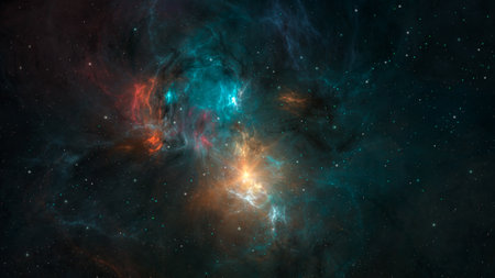 Space background. Colorful blue and orange nebula with star field. Digital paintingの写真素材