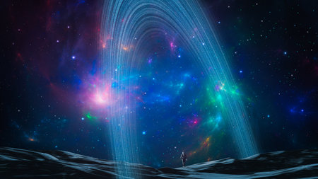 Space background. Astronaut walking on land in colorful fractal nebula with ring gate. Elements furnished by . 3D renderingの写真素材