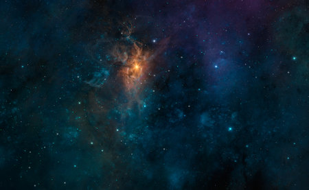 Space background. Colorful blue and violet nebula with star field and orange sun. Digital paintingの写真素材