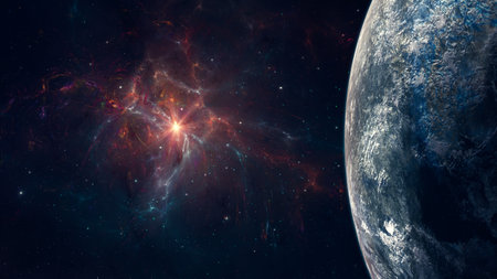 Space background. Colorful fractal nebula with starfield and planet. Elements furnished by . 3D renderingの写真素材