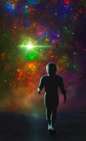 Astronaut walking on dark landscape with fractal nebula and stars. Fantasy digital painted background, 3D renderingの写真素材