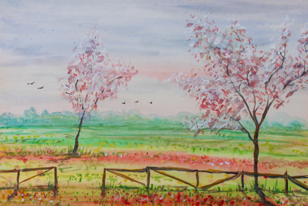 Watercolor handmade painting. Spring landscape with cherry blossom tree, meadow, wooden fence and flying birdの写真素材