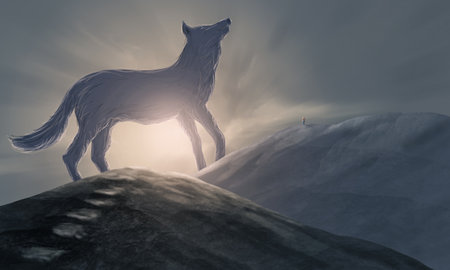 Climber, man standing on top of mountain landscape under sunset dramatic sky with wolf silhouette in...