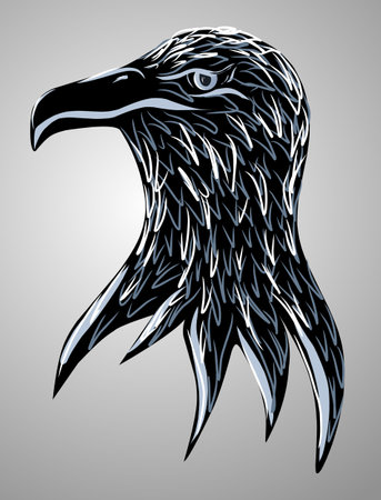 Black vector eagle head with feather. Hand painted animal background, patriot symbol,のイラスト素材
