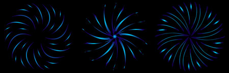 Set of blue abstract starburst, sunburst rays on black background. Vector illustrationのイラスト素材