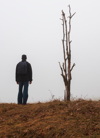 Young man in jacket and trousers with backpack standing on hill with dead tree in morning fog. Czech landscape, travel, relax conceptの写真素材