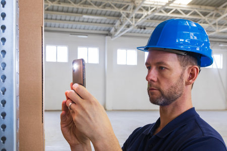 Warehouse worker in helmet scanning, checking box with phone. Stock of Parcels with Products,...