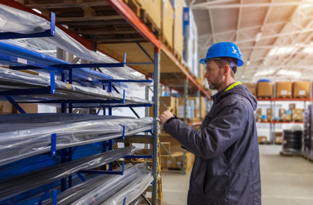 Young Caucasian man in helmet, worker in warehouse checking pipe goods. Stock of Parcels with Products, transportation conceptの写真素材