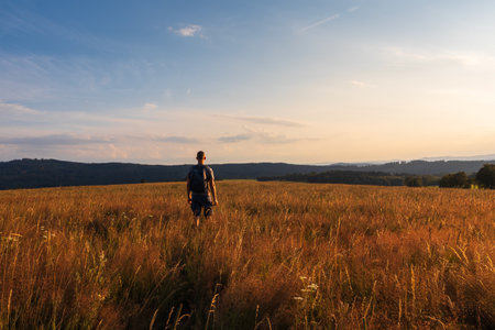 Man with backpack walking in high grass at sunset. Natural reserve Novohradske mountain, Czech landscapeの写真素材