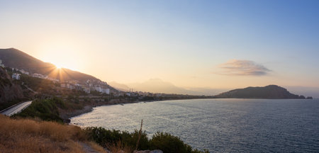 Panoramic view to city Alanya from viewpoint at morning sunrise. Turkey sea, landscapeの写真素材
