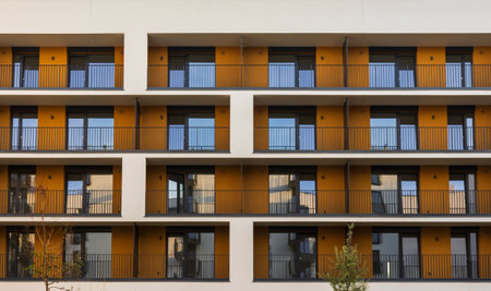 Modern living building, balcony texture. Downtown Czech real estate, housing backgroundの写真素材