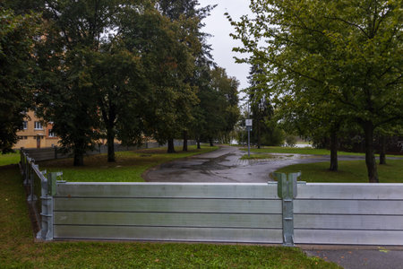 Ceske Budejovice, Czech republic â€“ September 14, 2024: Metal flood control measures installed...