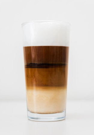 Tasty latte coffee glass cup with foam isolated on white backgroundの写真素材